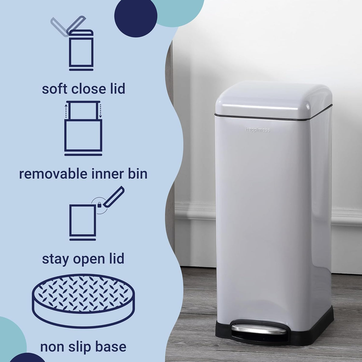 happimess HPM1007C Betty Retro 8-Gallon Step-Open Trash Can with Soft-Close Lid, Fingerprint Resistant, Modern, Minimalistic for Home, Kitchen, Laundry Room, Office, Bedroom, Bathroom, Gray