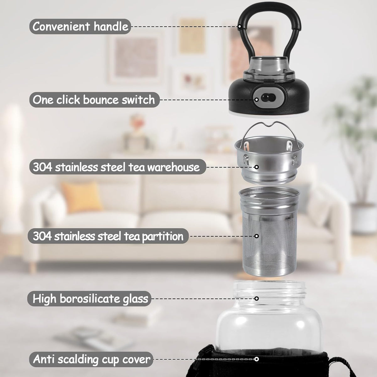 34oz tea bottle with infuser - Large Capacity Glass Water Bottle, With Time Mark, Stainless Steel Tea Strainer,Sleeve, BPA Free