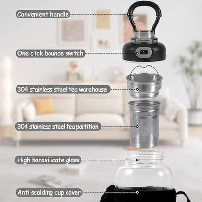 34oz tea bottle with infuser - Large Capacity Glass Water Bottle, With Time Mark, Stainless Steel Tea Strainer,Sleeve, BPA Free