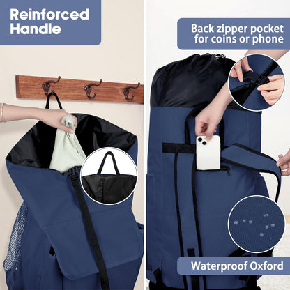 Laundry Backpack Bag, 132L Extra Large Heavy Duty Laundry Backpack for College Dorm Essentials, Laundry Hamper Travel Bag with Shoulder Straps and Mesh Wash Bags for Laundromat, Apartment Blue