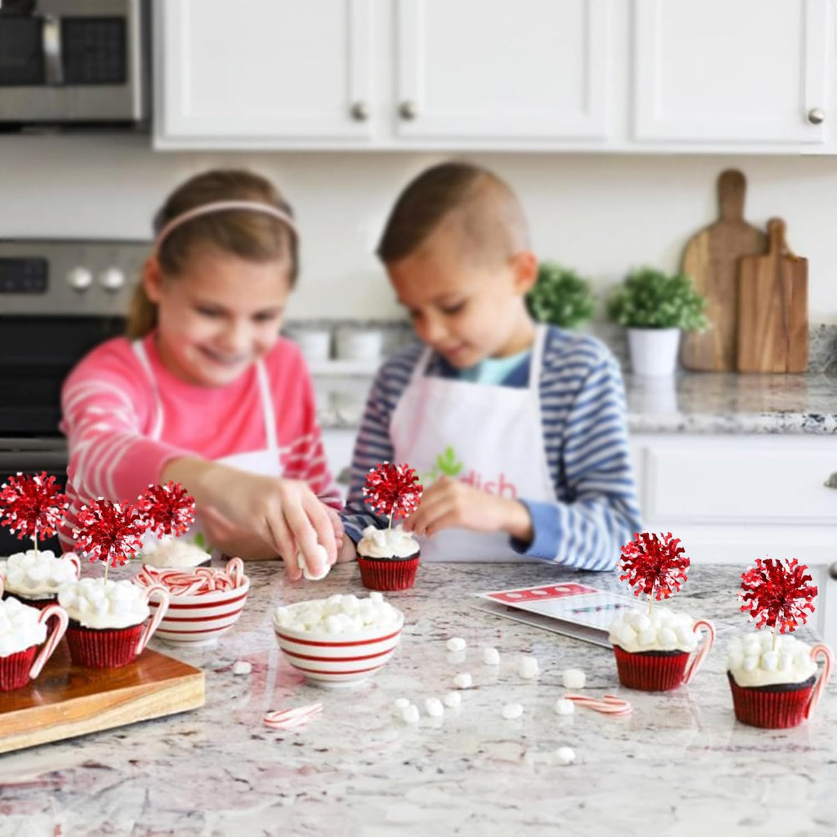Ephlyn 30Pcs Foil Firework Cupcake Toppers Happy Birthday Cake Toppers Tinsel Flower Drink Stirrers Cocktail Food Fruit Toothpicks for Valentine's Day Party Decorations Red
