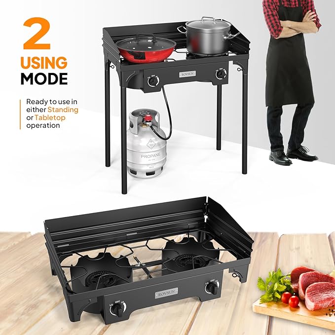 ROVSUN 2 Burner Outdoor Camping Stove with Wind Panel, 150,000 BTU Propane Burner, Gas Cooker with Detachable Legs & CSA Regulator for Home Camp Paito Cooking Frying Canning