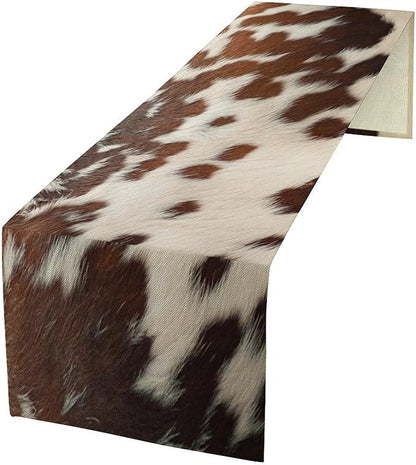 Cow Print Table Runner, Western White Brown Cowhide Rustic Coffee Table Runner for Home Kitchen Dining Room Farmhouse 13x60in