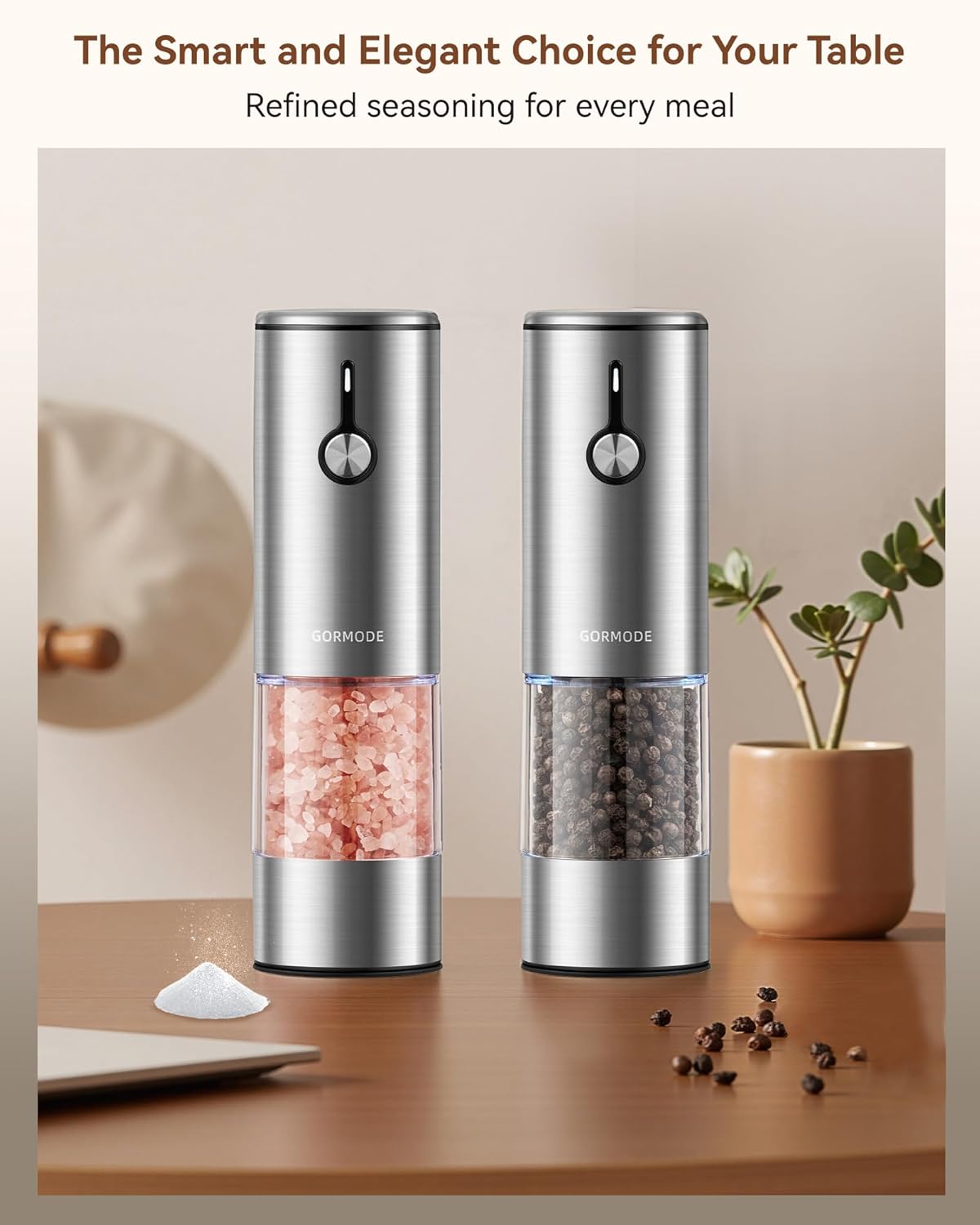 Electric Pepper Grinder and Salt Mill Set - Large Capacity USB Rechargeable Automatic Grinder with Dual LED Lights, One-Handed Operation & Slide Cover - Brushed Stainless Steel