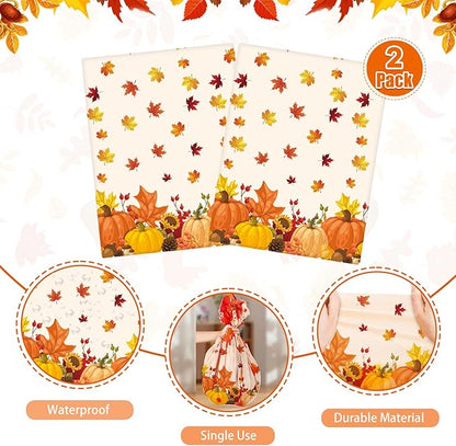 Fall Thanksgiving Plastic Tablecloths - 2 Pack Autumn Themed Pumpkins and Maple Leaves, 54" x 108" Disposable Tablecloths for Fall Thanksgiving Harvest Party Decorations