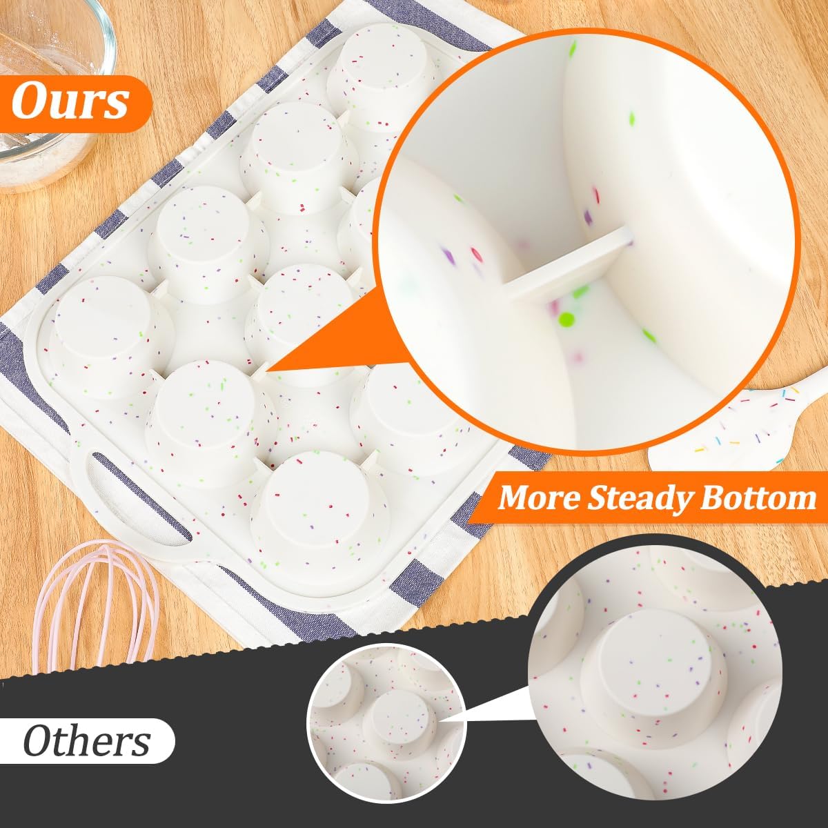 Silicone Muffin Pan, Metal Reinforced Frame Regular Size 2.8 Inch Cupcake Pan with Handle 12 Cups Nonstick Muffin Tray for Baking BPA Free 1 Pack