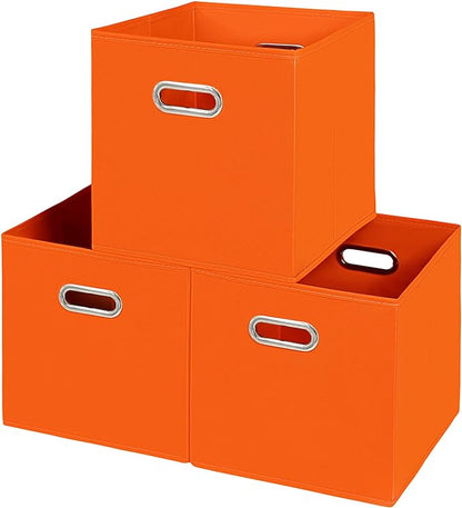 Fabric storage bins Cubes, Fabric Cube Organizer with Handle, Foldable Cube Bins for Cloth or Accessary Storage, 11x11x11, Set of 3, (Orange)