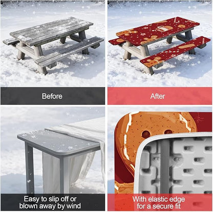 Picnic Table Cover with Bench Covers Set of 3, Elastic Fitted Tablecloth for 6 Foot Tables, Washable Polyester Tablecloths for Camping, Indoor & Outdoor