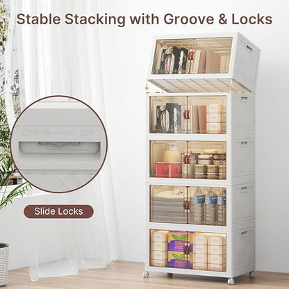 UAMFURI Stackable Storage Bins with Lids, 240QT Closet Organizers, Lockable Storage Cabinet, Foldable Storage Box with Doors and Wheels, Plastic Drawers for Home, Garage, Office (5, White, Medium)
