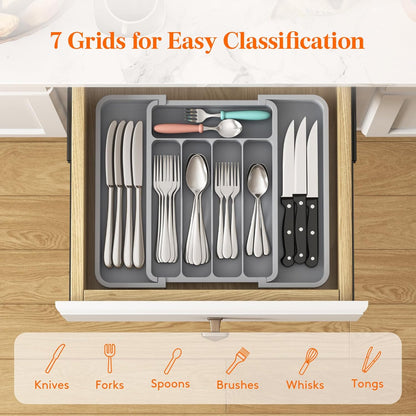 Lifewit Silverware Drawer Organizer, Expandable BPA Free Utensil Tray for Kitchen, Adjustable Flatware and Cutlery Holder for Spoons Forks Knives, Plastic Kitchen Organizers and Storage, Gray