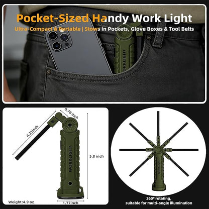 LED Work Light Rechargeable Flashlight, Tool Gifts for Fathers Day Dad Husband Men Boyfriends Him Mechanic Grill Light Inspection Lamp Magnetic Base 5 Modes 360° Rotate Car Emergency Repair Green 4PCS