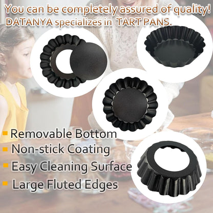 Datanya 24Packs Mini Tart Pans 3 Inch with Removable Botttom, Carbon Steel Fluted Tart Tin Shell Mold Round Nonstick 3'' Quiche Pans for Pies