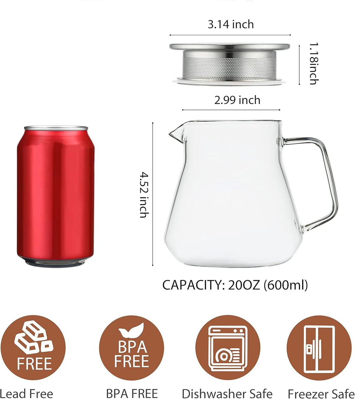 Cnglass One-Touch Glass Teapot with Stainless Steel Filter Lid,20oz(600ml) Glear Tea Kettle Stovetop Safe