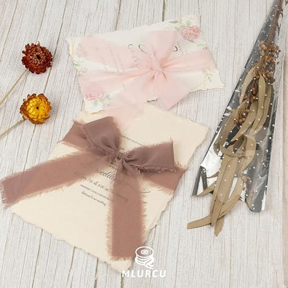 Dusty Rose Chiffon Ribbon 1.5 Inch x 21Yds Handmade Fringe Chiffon Silk Ribbon Brown/Peach/Pink Frayed Chiffon Ribbon for Wedding Invitation Flower Bouquets Bridal Shower Gift Wrapping