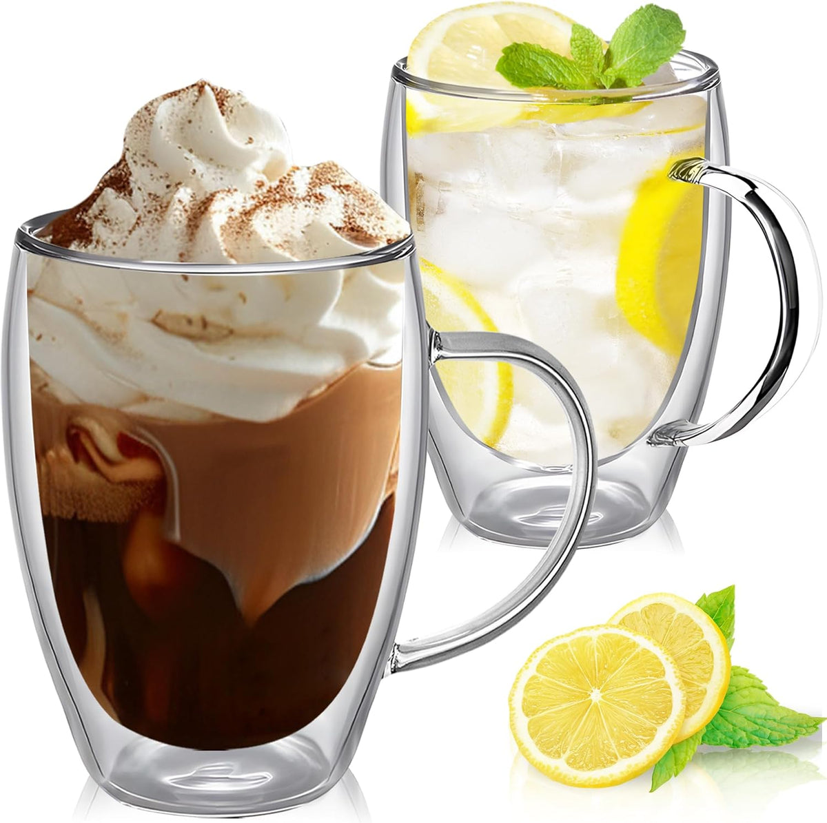 12 Ounces Set of 2 Double Walled Glass Coffee Mugs with Handle Insulated Layer Coffee Cups Borosilicate Glass Espresso Double Insulated Clear Glass