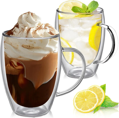 12 Ounces Set of 2 Double Walled Glass Coffee Mugs with Handle Insulated Layer Coffee Cups Borosilicate Glass Espresso Double Insulated Clear Glass