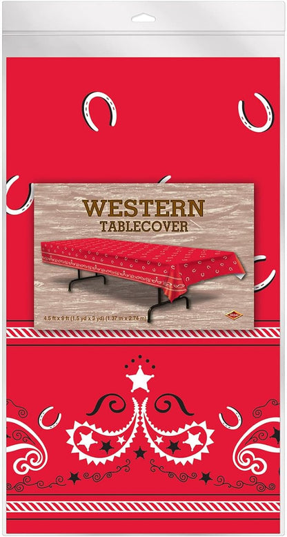 Beistle Red Bandana Plastic Tablecover – Western Theme Rectangular Tablecloth for Farmhouse Parties, Cowboy Birthday Decorations, Rodeo Events and Country Picnic Tables, 54” x 108”