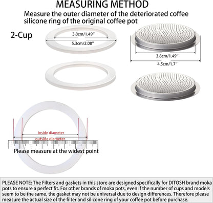 2Pcs Filter with 3Pcs Silicone Gasket Seals for 2 Cup Stovetop Espresso Coffee Maker Replacement Parts for Big Tummy and Straight Stainless Steel