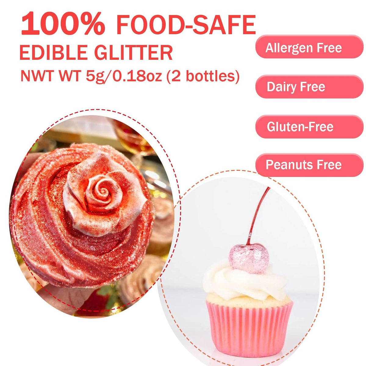 Red Pink Edible Glitter Glimmer Powder for Cakes Drinks - Valentine's Colaele 5 grams Food Grade Luster Dust Metallic Food Decorating Sprinkle Disco