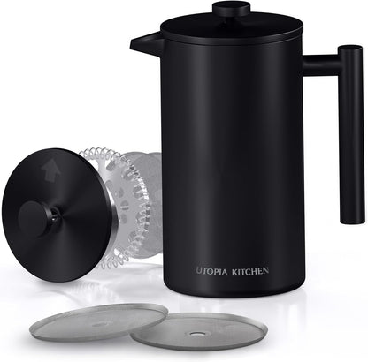 Utopia Kitchen Stainless Steel French Press Coffee Maker 34 Oz (1 Litre) with 2 Extra Filters, French Press Coffee & Tea Maker for Kitchen & Camping