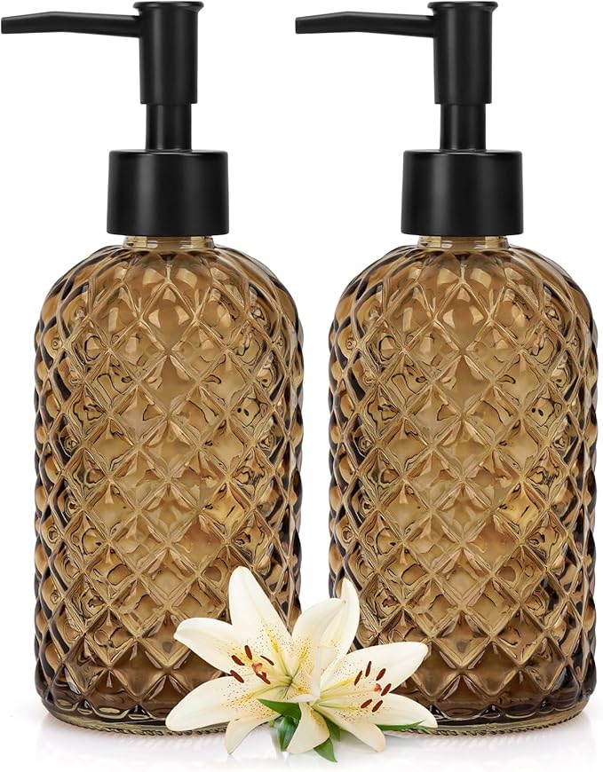 13.5Oz Gem Design Soap Dispenser with Plastic Pump, Refillable Glass Soap Dispenser for Hand Soap, Dish Soap, Lotion (Amber)