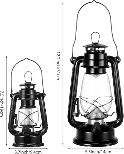Hortsun 6 Pcs 12 Inch Vintage LED Hurricane Lantern Metal Black Outdoor Battery Operated Hanging Lantern with Warm LEDs and Dimmer Switch for Indoor Rustic Farmhouse Country Camping Decor