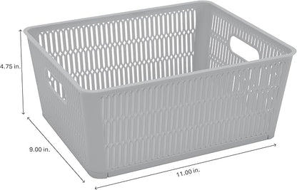Simplify 4Pk Large Slide 2 Stack It Tote Basket | Storage & Organization | Open Bins with Stackable Capability | Bathroom | Crafts | Pantry | Playroom | Office | Grey (KIT-25930-GREY-4PK)