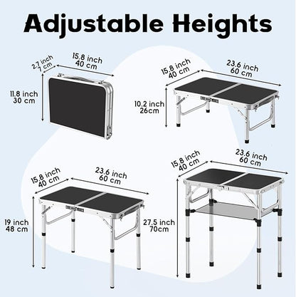 YihuiKo Small Folding Table, Aluminum 24" x 16" Adjustable Height Max 27.5" Folding Camping Table with Carrying Handle, Lightweight, Portable Camp Table for Outdoor Indoor Picnic Beach, Black