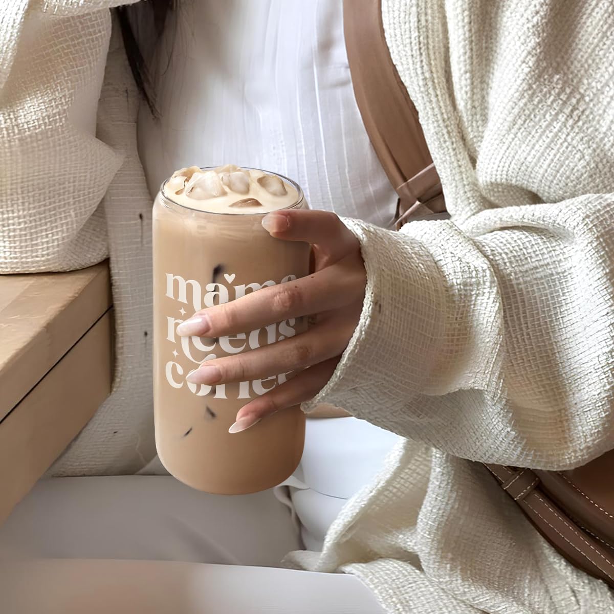 Mom Glass Can, Mama Needs Coffee Cup with Lid &amp; Straw, Iced Coffee Aesthetic Cups, Idea Gifts for Christmas Birthday Mother Day, Gifts for Women, 16oz