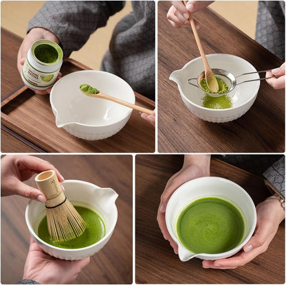 6 Pcs Matcha Set - Ceramic Bowl with Spout, Matcha Whisk with Holder, Tea Powder Canister, Sifter and Spoon, Complete Kit for Traditional Matcha, Modern Lattes, and Tea Ceremonies (White)