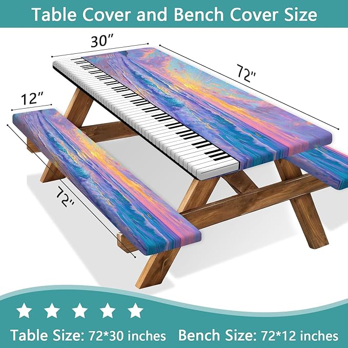 Piano Keyboard Picnic Table Cover with Bench Covers, Camping Essentials, Beach Seaside Sunset Purple Waterproof Windproof, Fitted Tablecloth Cover with Elastic Edge for Outdoor Garden 3 PCS 30x72 Inch