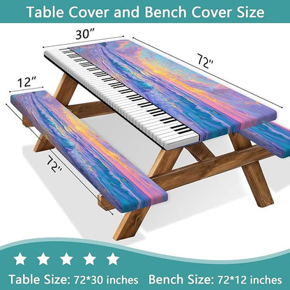 Piano Keyboard Picnic Table Cover with Bench Covers, Camping Essentials, Beach Seaside Sunset Purple Waterproof Windproof, Fitted Tablecloth Cover with Elastic Edge for Outdoor Garden 3 PCS 30x72 Inch