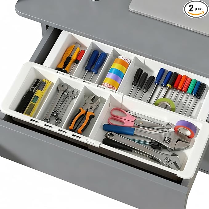 2pcs Drawer Organizer Expandable with Insert Adjustable Drawer Storage Tray Desktop Drawers Dividers to Organize and Store desk drawers organizer tray for Bathroom Office Kitchen