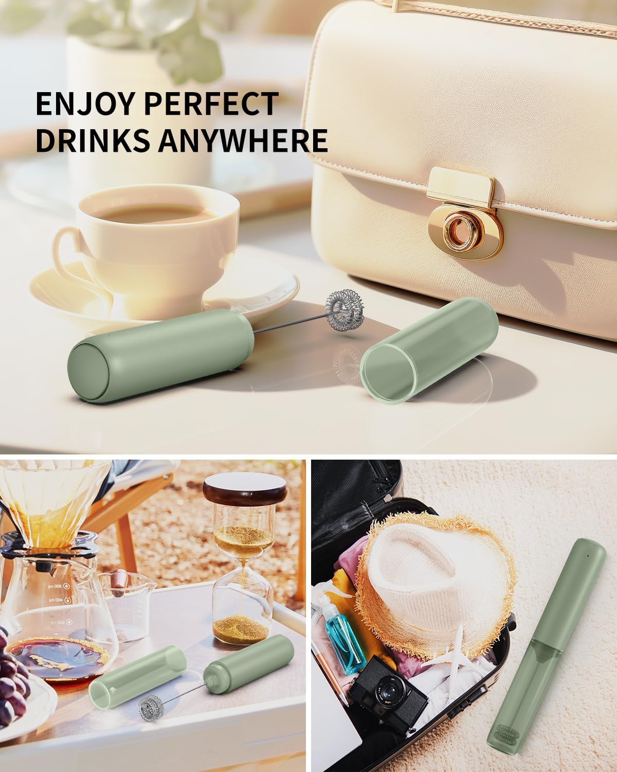 CIRCLE JOY Rechargeable Milk Frother Hanheld, Dual Ring Electric Coffee Frother, Portable Hand Frother Wand Drink Mixer for Matcha Lattes Cappuccino, Kitchen Gifts, Green