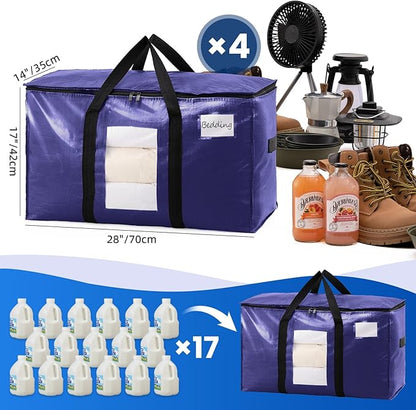 TAILI 4 Pack Dark Blue Extra Large Moving Bags, Heavy Duty Totes with Visible Window, Wrap Around Handles, Great for Storage