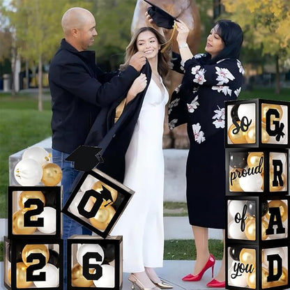 2026 Graduation Party Decorations, 4Pcs Black Boxes with 30Pcs Black White Gold Latex Balloons with Letters "2026 GRAD So Proud of You" for High School College Graduation Party Decorations (Black)