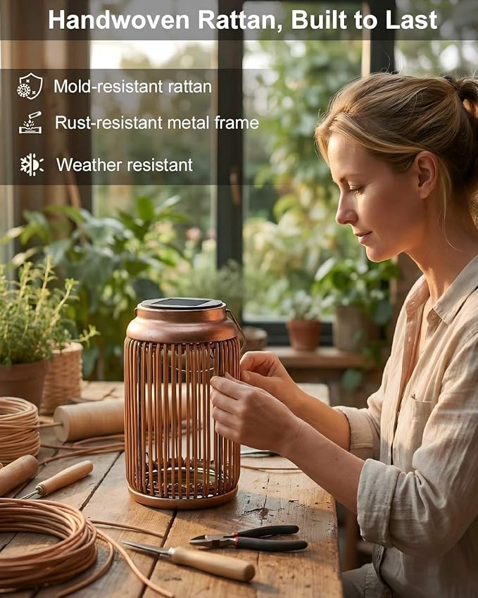 Solar Lanterns Outdoor Waterproof, 2 Pack Hanging Rattan Solar Lights with Hummingbird Projection, Garden Decor for Yard Patio Porch, Gifts for Women Mom Grandma