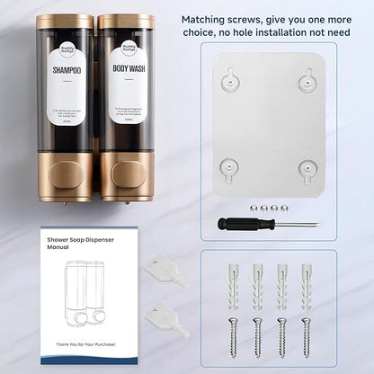 Shampoo and Conditioner Dispenser, Refillabe Shower Soap Dispensers 2 Chamber No Drill Shampoo Dispenser for Shower Wall Mounted 2 * 300ml Container for Bathroom Hotel (Gold 2 Chamber)