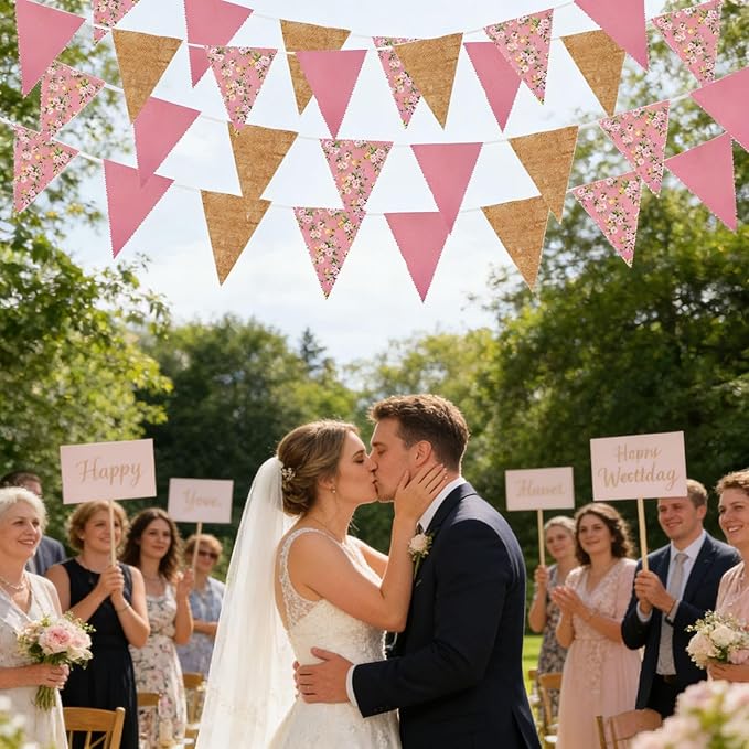 Zwiebeco 39Ft Pink Floral Fabric Pennant Banner Vintage Burlap Triangle Flag Cotton Retro Flower Bunting Party Decoration for Birthday Engagement Wedding Bridal Baby Shower Rustic Village Garden Décor