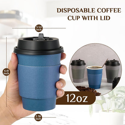 Litopak 100 Pack 12 oz Disposable Paper Coffee Cups with Lids, Sleeves and Stirring Sticks for Hot Coffee, Water or Juice