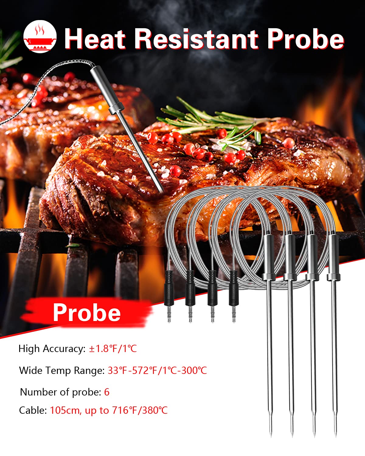 Bfour Bluetooth Meat Thermometer Wireless Meat Thermometer, Wireless Digital Grill Thermometer with 6 Temperature Probes, Large LCD Display