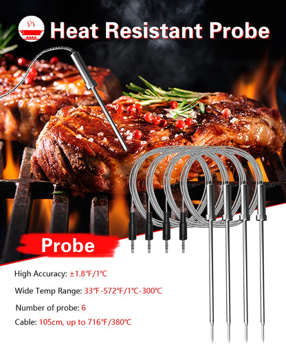 Bfour Bluetooth Meat Thermometer Wireless Meat Thermometer, Wireless Digital Grill Thermometer with 6 Temperature Probes, Large LCD Display