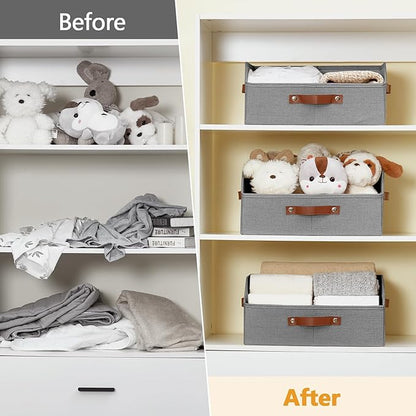 Bagnizer Closet Organizers and Storage, Linen Trapezoid Storage Bins with Handles, Collapsible Shelf Organizer for Blanket, Towel, Clothes, Hats, Purse (Gray)