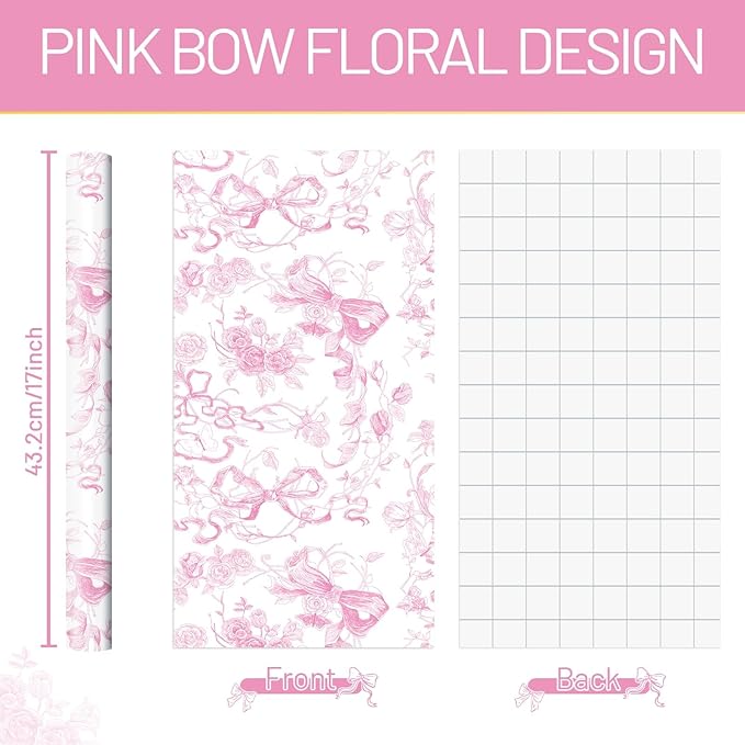 WERNNSAI Pink Bow Floral Wrapping Paper - 1 Roll 17”x 33 ft Vintage Flower Gift Wrap Paper Pink Bow Princess Gift Packing for Girls Bridal Shower Wedding Coquette Birthday Party Favor