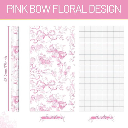 WERNNSAI Pink Bow Floral Wrapping Paper - 1 Roll 17”x 33 ft Vintage Flower Gift Wrap Paper Pink Bow Princess Gift Packing for Girls Bridal Shower Wedding Coquette Birthday Party Favor