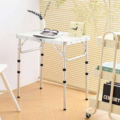 YihuiKo Small Folding Picnic Table with Storage Net, 3 Adjustable Heights 27.5" Aluminum Lightweight Portable Table with Carrying Handle for Camping Travel and Indoor