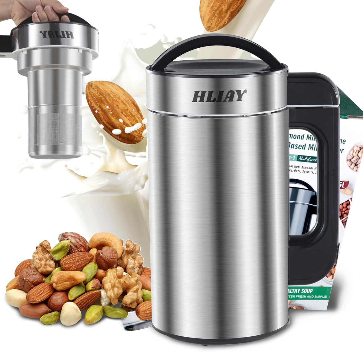 Automatic Nut Milk Maker Machine 50oz(Built-in Strainer), 6-7 Cups Per Batch, 100% Food Grade Stainless Steel 7-IN-1 Multifunctional Almond Milk