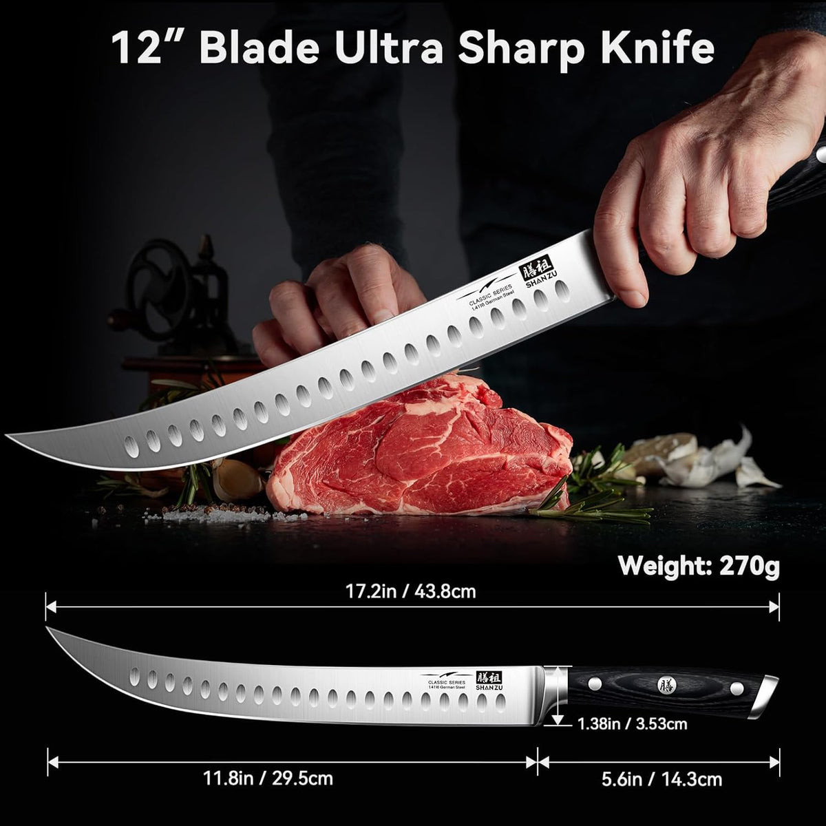 Shan ZU 12" Slicing Knife - Brisket Slicing Meat Carving Knife Professional German 1.4116 Stainless Steel Razor Sharp Blade