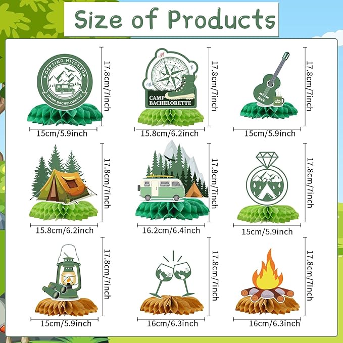 Camp Bachelorette Party Decorations, 9PCS Camping Party Honeycomb Centerpieces, Bridal Shower Supplies Bachelorette Party Decor Outdoor