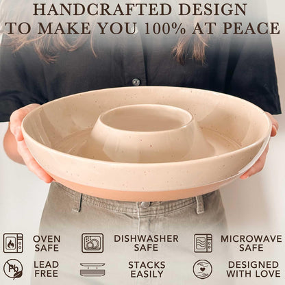 Mora Ceramic Chips and Dip Serving Tray: Large Divided Party Bowl Set for Chips & Salsa, Veggies & Dip, Fruit, Snacks, Entertaining, Hosting, etc